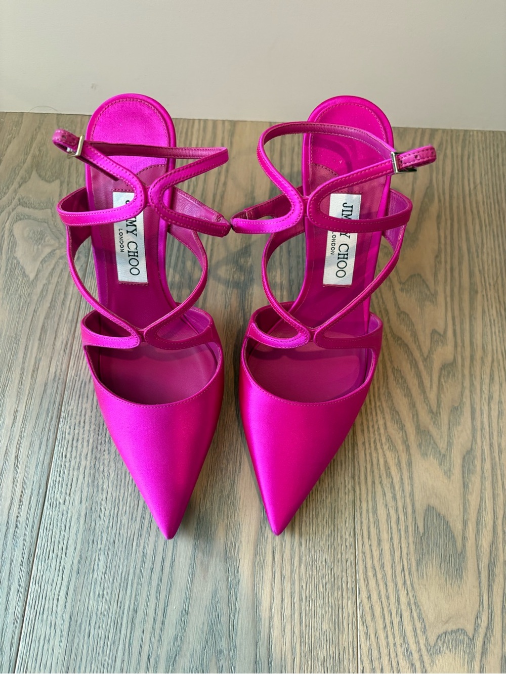 Jimmy Choo Fuchsia Satin Strappy Pointed-Toe Heels